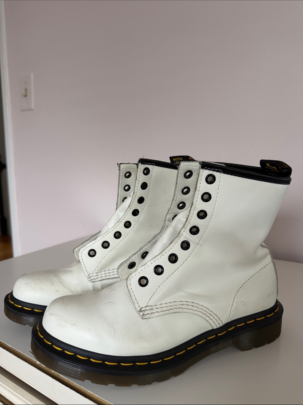 Dr. Martens White Leather Lace-Up Combat Boots with Yellow Stitching